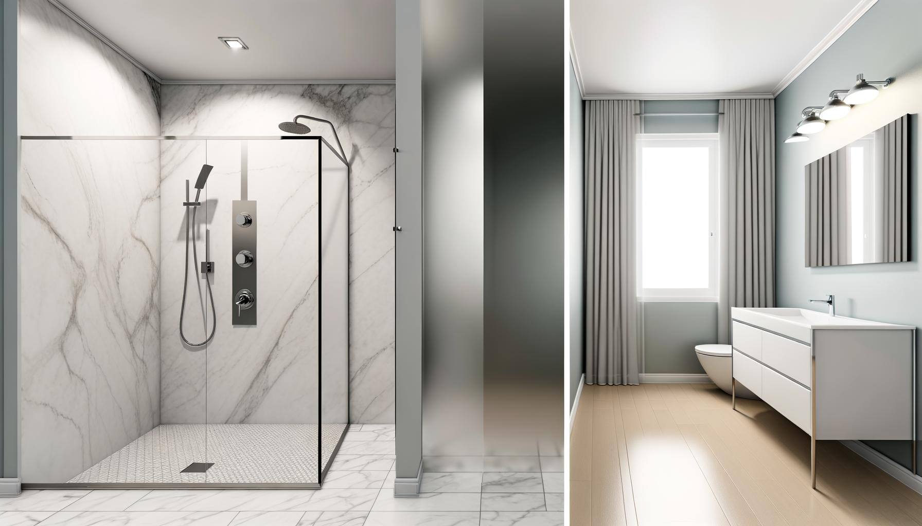 Create an image showcasing a contemporary, spacious bathroom complete with white marble walls and a large glass-encased walk-in shower. The shower boa